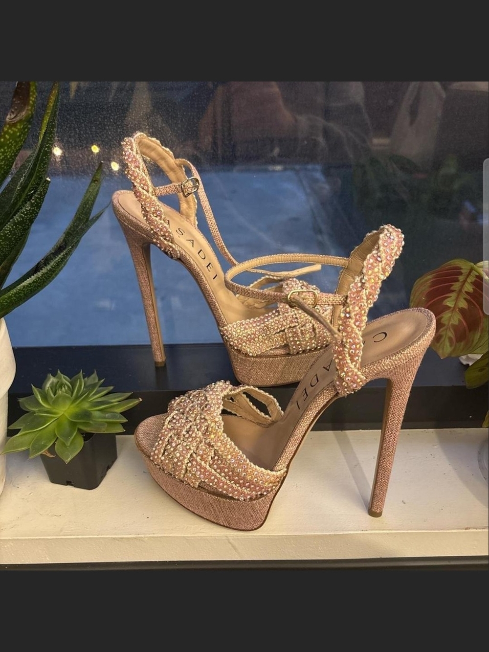 Casadei Pink Crystal Platform Stiletto Sandals
